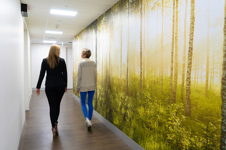 A radiographer walks alongside a patient down a hallway in direct radiology.